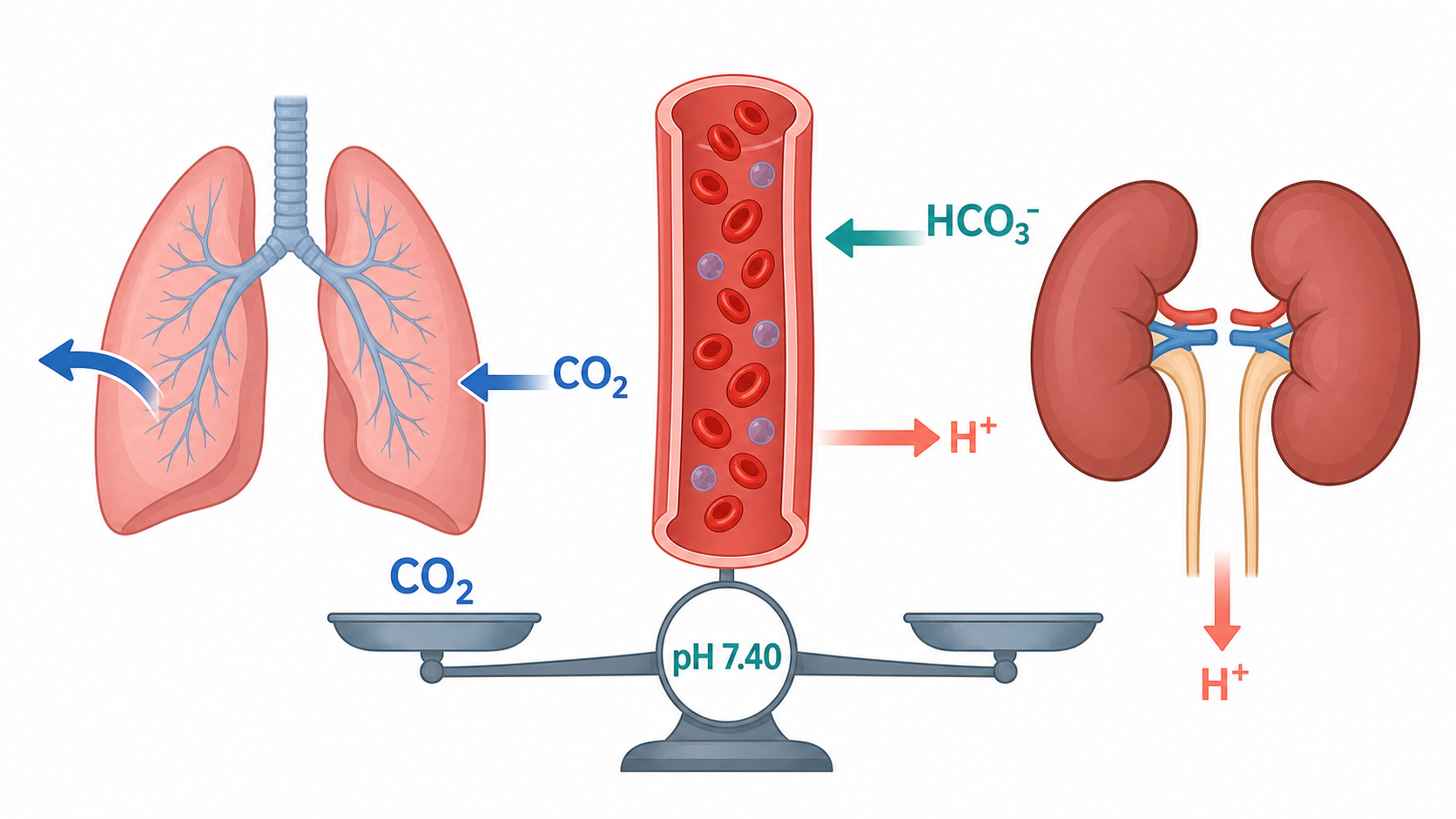 Simplified illustration of lungs removing carbon dioxide and kidneys reclaiming bicarbonate and excreting hydrogen ions to maintain blood pH